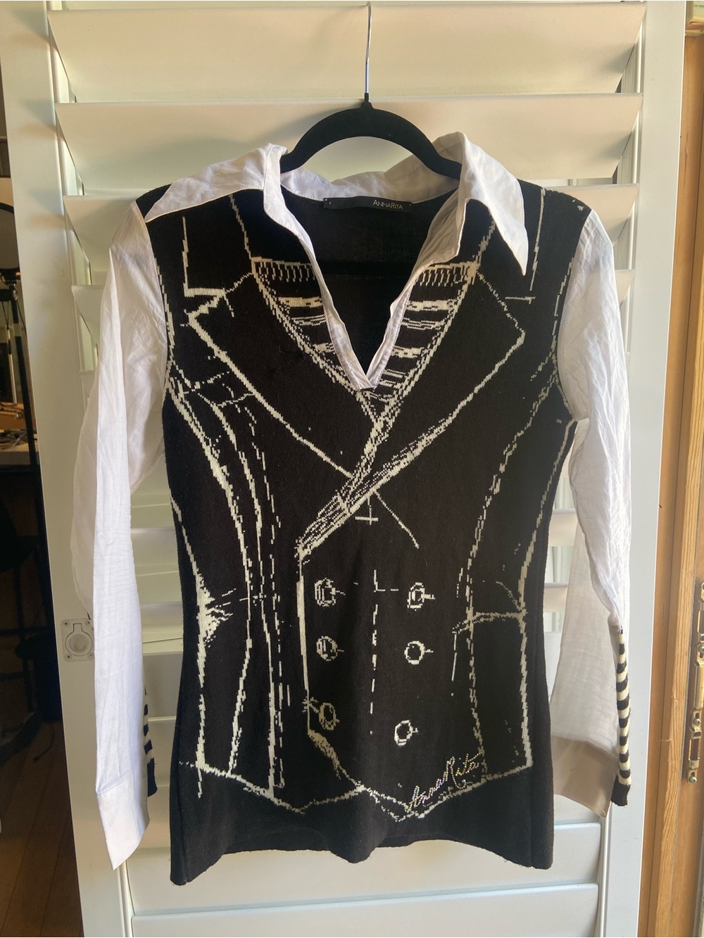 Black & White Faux Blazer Knit Top with Shirt Collar